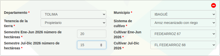 Un municipio con las hectáreas y el cultivar de cada semestre.