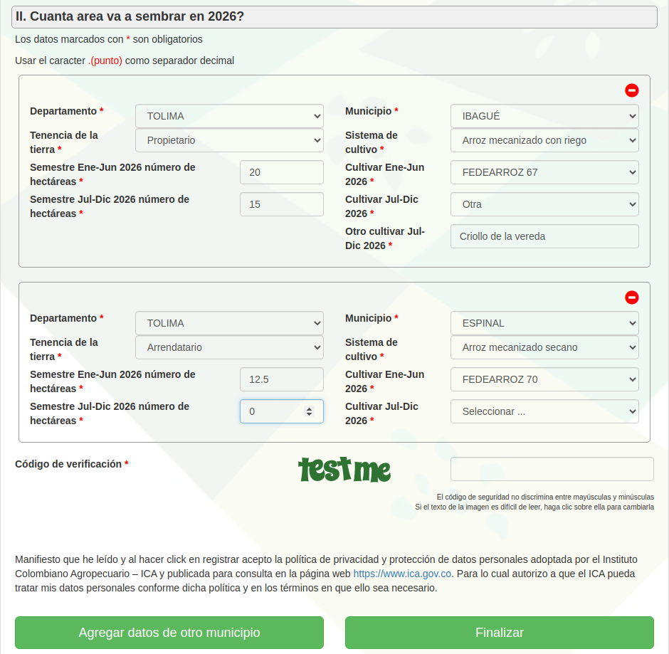 Dos municipios inscritos; el ícono rojo quita el bloque.