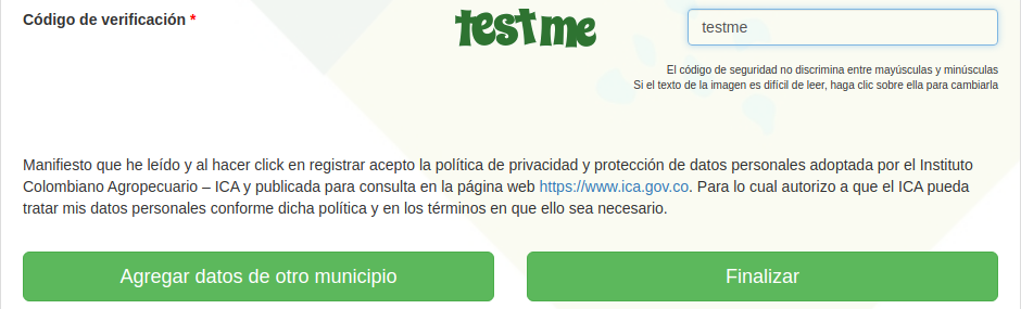El código de verificación y el botón Finalizar.