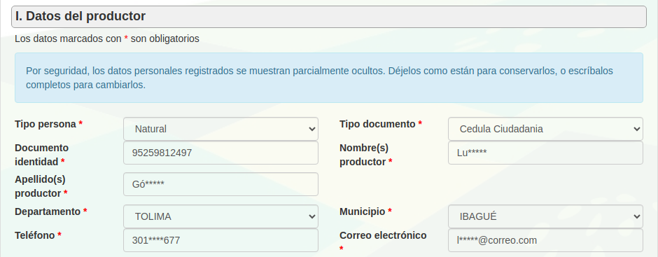Una inscripción existente, con los datos personales parcialmente ocultos.